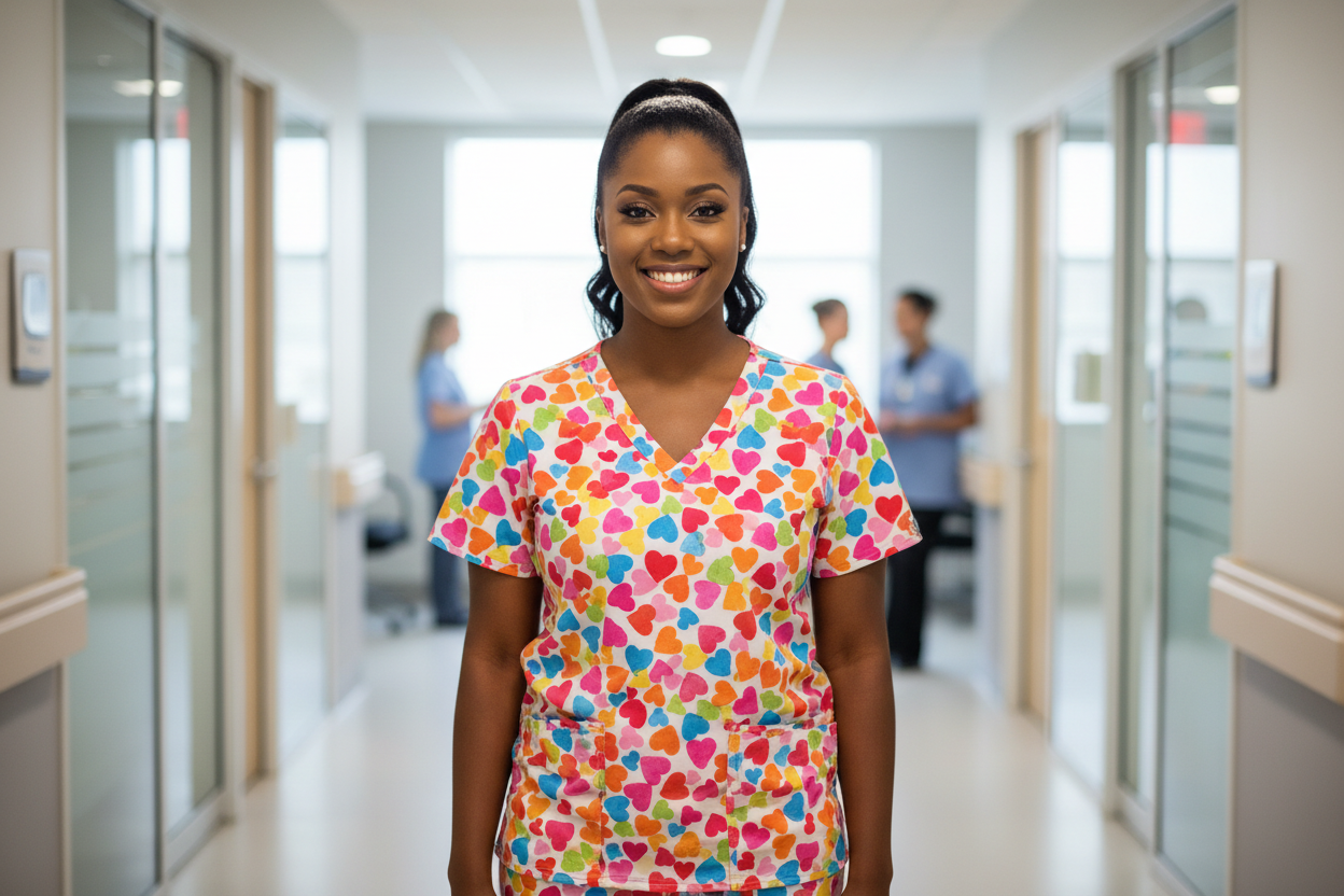 Wearing heart scrubs 